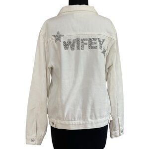 Wifey White Trucker Jacket by Event Blossom Sz L/XL Bride Jean Jacket Beaded